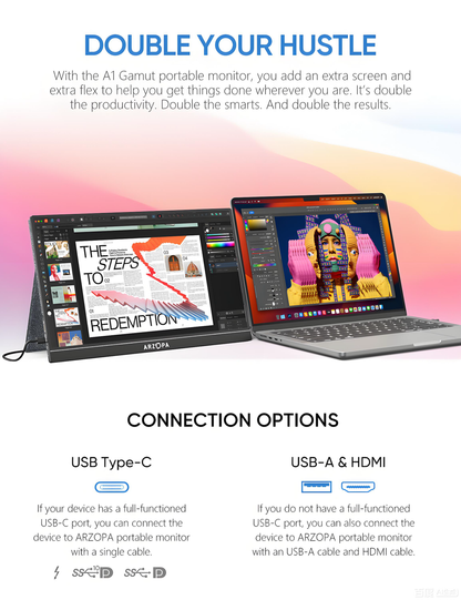 Arzopa AR-A1 GAMUT 15.6" FHD Portable Monitor | IPS 1920*1080P | Freq 60hz | Type-C & HDMI | w/ Smart Cover
