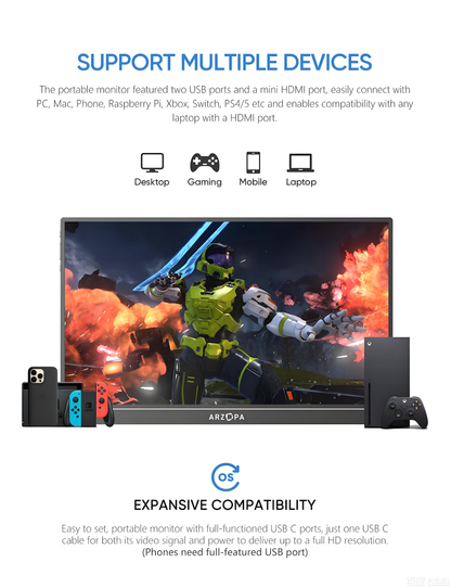 Arzopa Z1RC 2.5K 16'' Portable Monitor | Brilliant QHD 500nits 8bit Display | QHD 2560*1600 | 60Hz