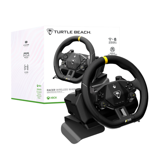 Turtle Beach Racer wireless steering wheel with packaging on a white background